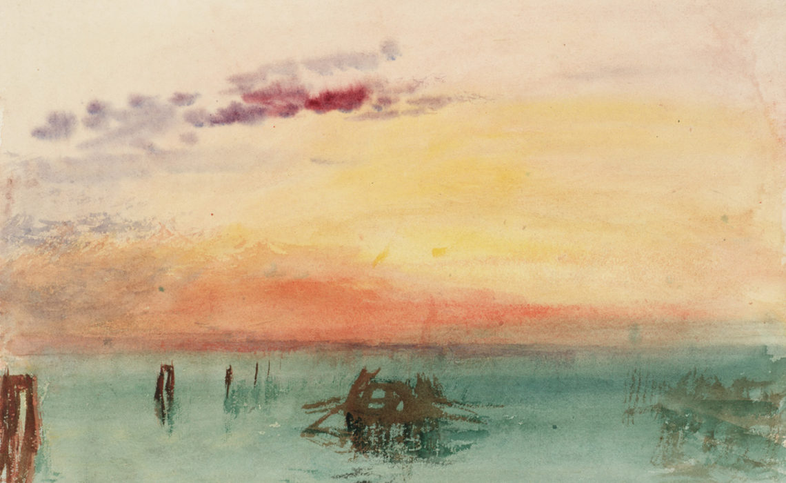 J. M. W. Turner (1775 – 1851), Venise : vue sur la lagune au coucher du soleil, 1840, aquarelle sur papier, 24,4 x 30,4 cm Tate, accepté par la nation dans le cadre du legs Turner 1856, Photo © Tate