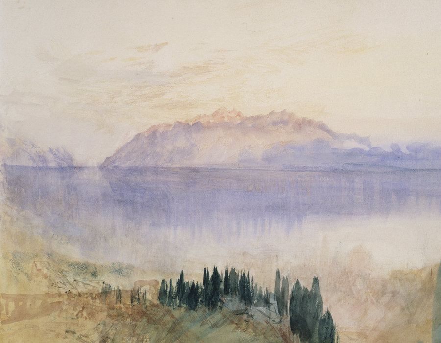 J. M. W. Turner (1775 – 1851), Le Lac Léman, avec la Dent d’Oche, au-dessus de Lausanne,1841, graphite et aquarelle sur papier, 23,5 x 33,8 cm Tate, accepté par la nation dans le cadre du legs Turner 1856, Photo © Tate