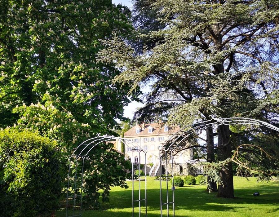 jardin avec grands arbres donnant sur le domaine de chanille