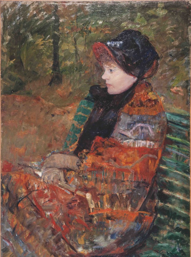 Peinture de Cassat, une dame assise sur un banc avec une robe coloré