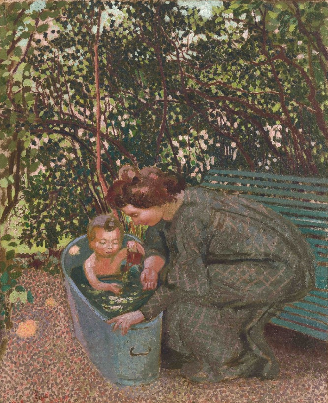 Tableau représentant une maman qui donne un bain à son enfant à l'extérieur
