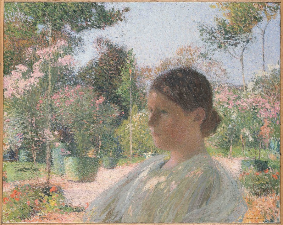 Tableau de Martin, jeune dame de profile dans un jardin