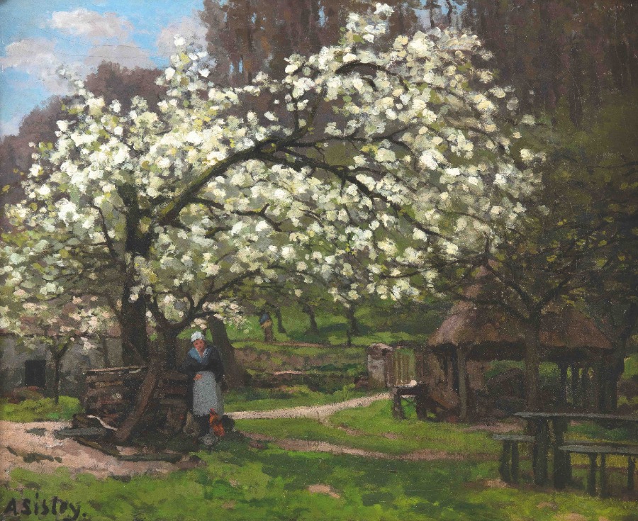 Tableau de SISLEY, Représentant une paysanne au printemps, sous les arbres