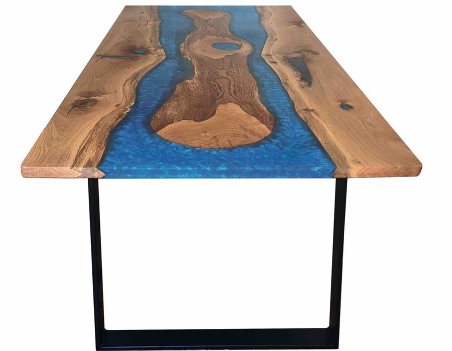 Table à manger en bois artisanale et rivière de résine bleu