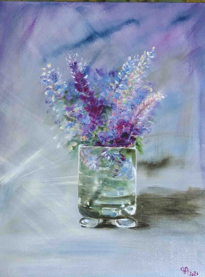 Tableau représentant un pot de fleur sur des teintes de violets et de bleu "transparence" de Françoise Augustine