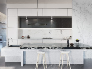 cuisine moderne avec plan de travail marbré noir et blanc et des murs blancs effet marbré